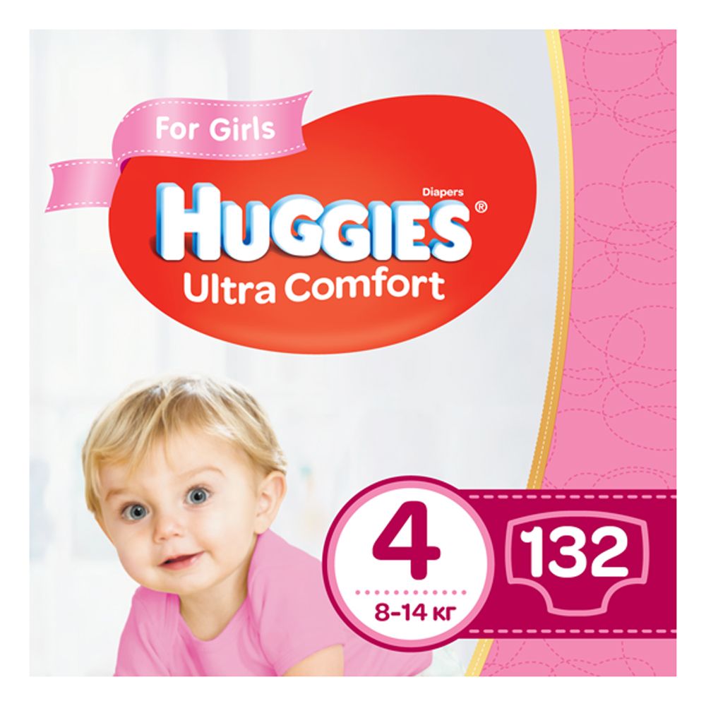 Подгузники Huggies Ultra Comfort для девочки, размер 4, 8-14 кг, 132 шт, арт. 5029054218105