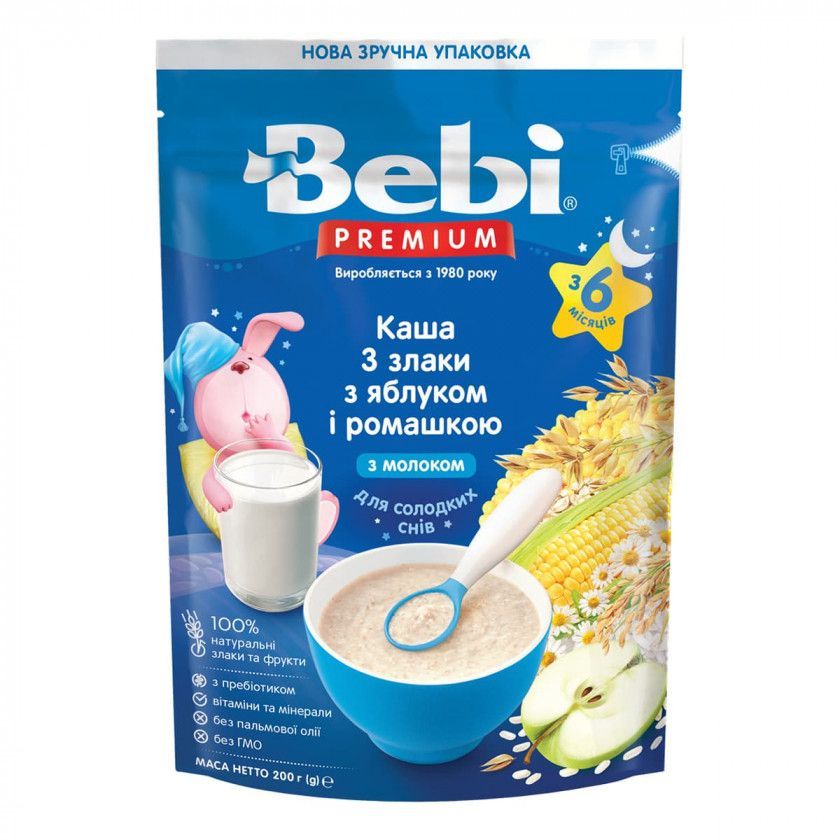 Каша молочная Bebi Premium 3 злака с яблоком и ромашкой, с 6 мес., 200 г, арт. 1105086