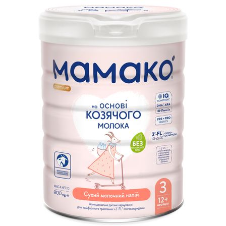 Сухий молочний напій Mамако Premium 3 на козячому молоці, з олігосахаридами, з 12 міс., 800 г, арт. 1105325