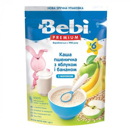 Каша молочна Bebi Premium Пшенична з яблуком і бананом, з 6 міс., 200 г, арт. 1105058