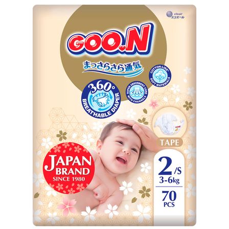 Підгузки Goo.N Premium Soft, розмір 2/S, 3-6 кг, 70 шт., арт. F1010101-153