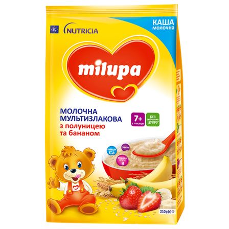 Молочная мультизлаковая каша Milupa с клубникой и бананом, с 7 мес., 210 г, арт. 5900852058615