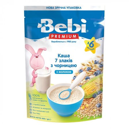 Каша молочна Bebi Premium 7 злаків з чорницею, з 6 міс., 200 г, арт. 1105064