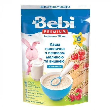 Каша молочная Bebi Premium Пшеничная с печеньем, малиной и вишней, с 6 мес., 200 г, арт. 1105076