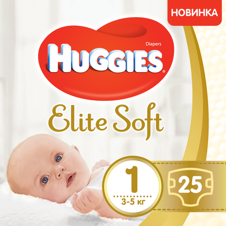 Підгузки Huggies Elite Soft, розмір 1, 3-5 кг, 25 шт, арт. 5029053547923