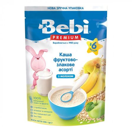 Каша молочна Bebi Premium Фруктово-злакове асорті, з 6 міс., 200 г, арт. 1105060